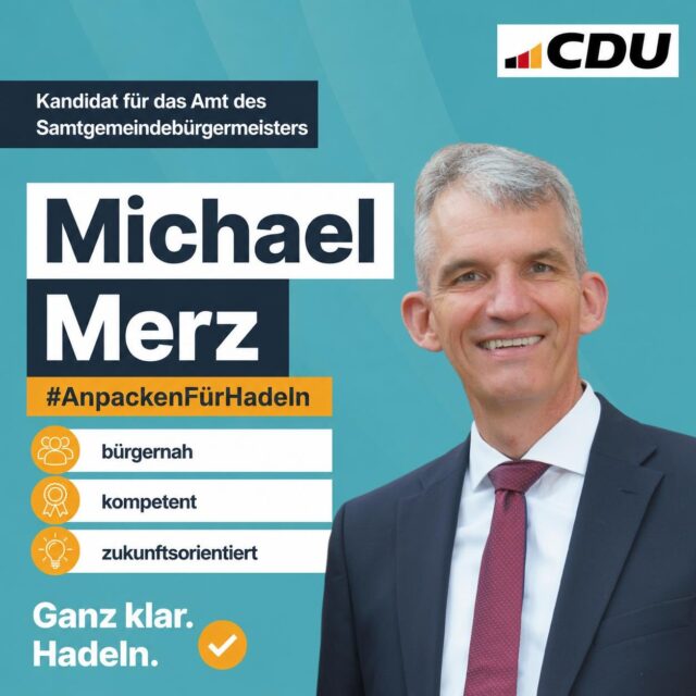 Liebe Bürgerinnen und Bürger,

als Ihr Kandidat für das Amt des Samtgemeindebürgermeisters der Samtgemeinde Land Hadeln möchte ich mich Ihnen kurz vorstellen.

Land Hadeln ist meine Heimat. Seit vielen Jahren engagiere ich mich mit Leidenschaft ehrenamtlich und kommunalpolitisch für unsere Region. Mit über 35 Jahren Verwaltungserfahrung und 25 Jahren in der Kommunalpolitik möchte ich Verantwortung übernehmen und gemeinsam mit Ihnen unsere Samtgemeinde erfolgreich weiterentwickeln.

🤝 Mir ist wichtig, zuzuhören, anzupacken und gemeinsam Lösungen zu finden – für lebenswerte Gemeinden, eine starke Wirtschaft, eine moderne Verwaltung und eine sichere Zukunft.

Auf meiner Website www.merz-landhadeln.de erfahren Sie mehr über mich, meine Ziele und mein Programm.

Ich freue mich auf viele persönliche Gespräche – bei Veranstaltungen, an der Haustür oder unterwegs in unserer Samtgemeinde.

#LandHadeln #Samtgemeindebürgermeister #Kommunalwahl2026 #CDULandHadeln #AnpackenFürHadeln GemeinsamFürHadeln